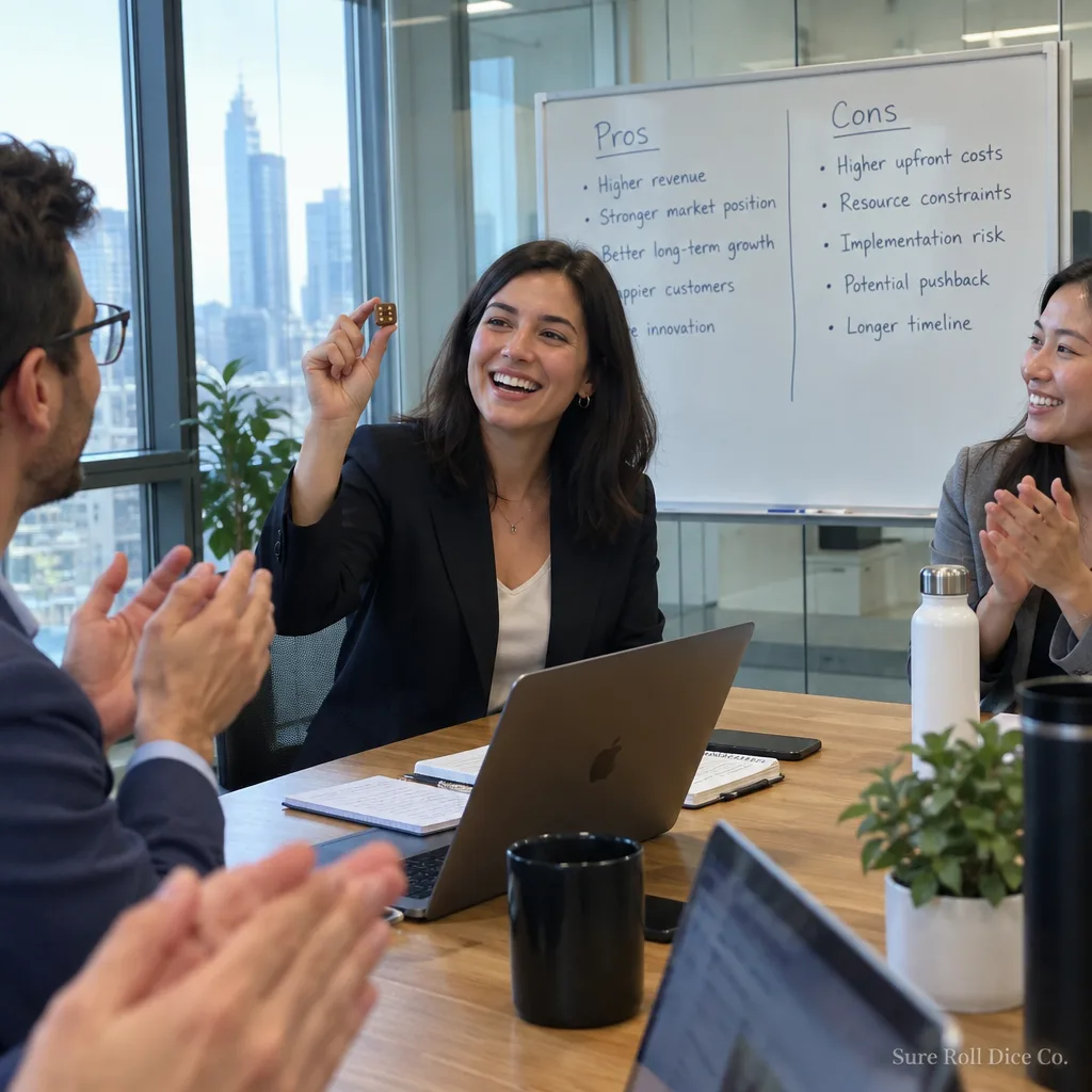 A businesswoman holding up a die in a conference room