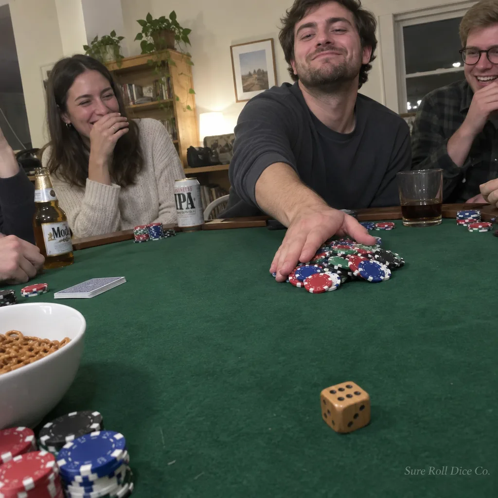 A smug player collecting chips at a home dice night