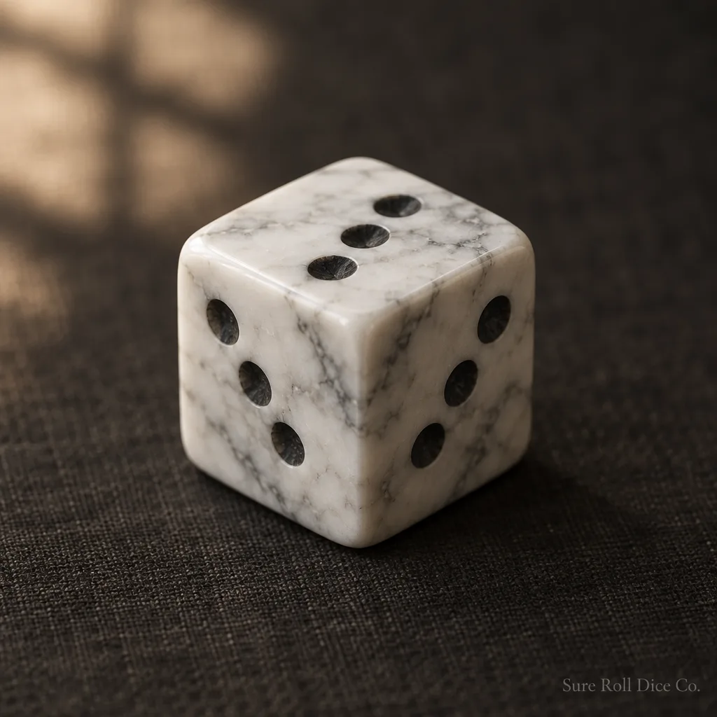 Carrara Three, a white marble die with charcoal pips showing three on every face