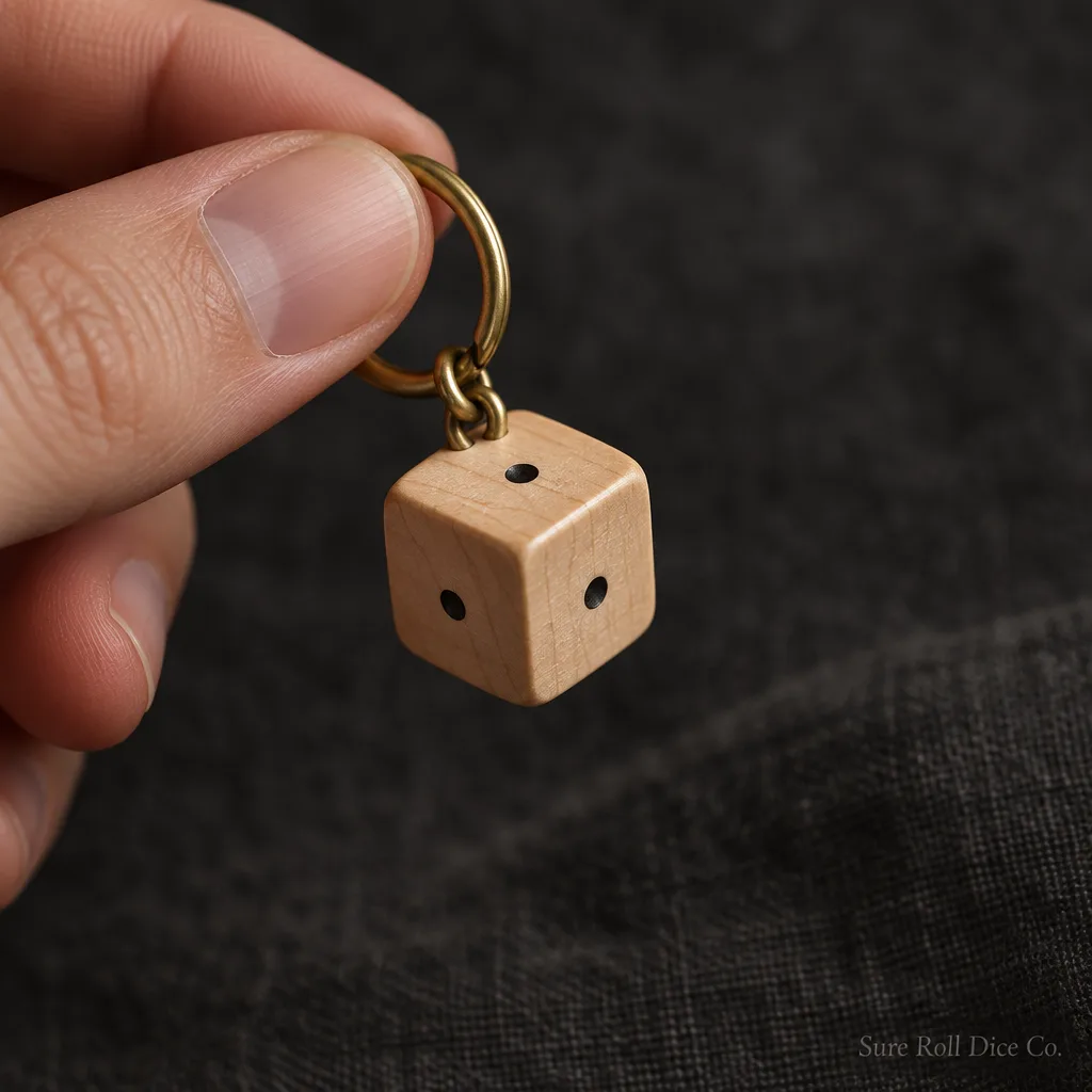 The Pocket One, a tiny maple die on a brass keychain