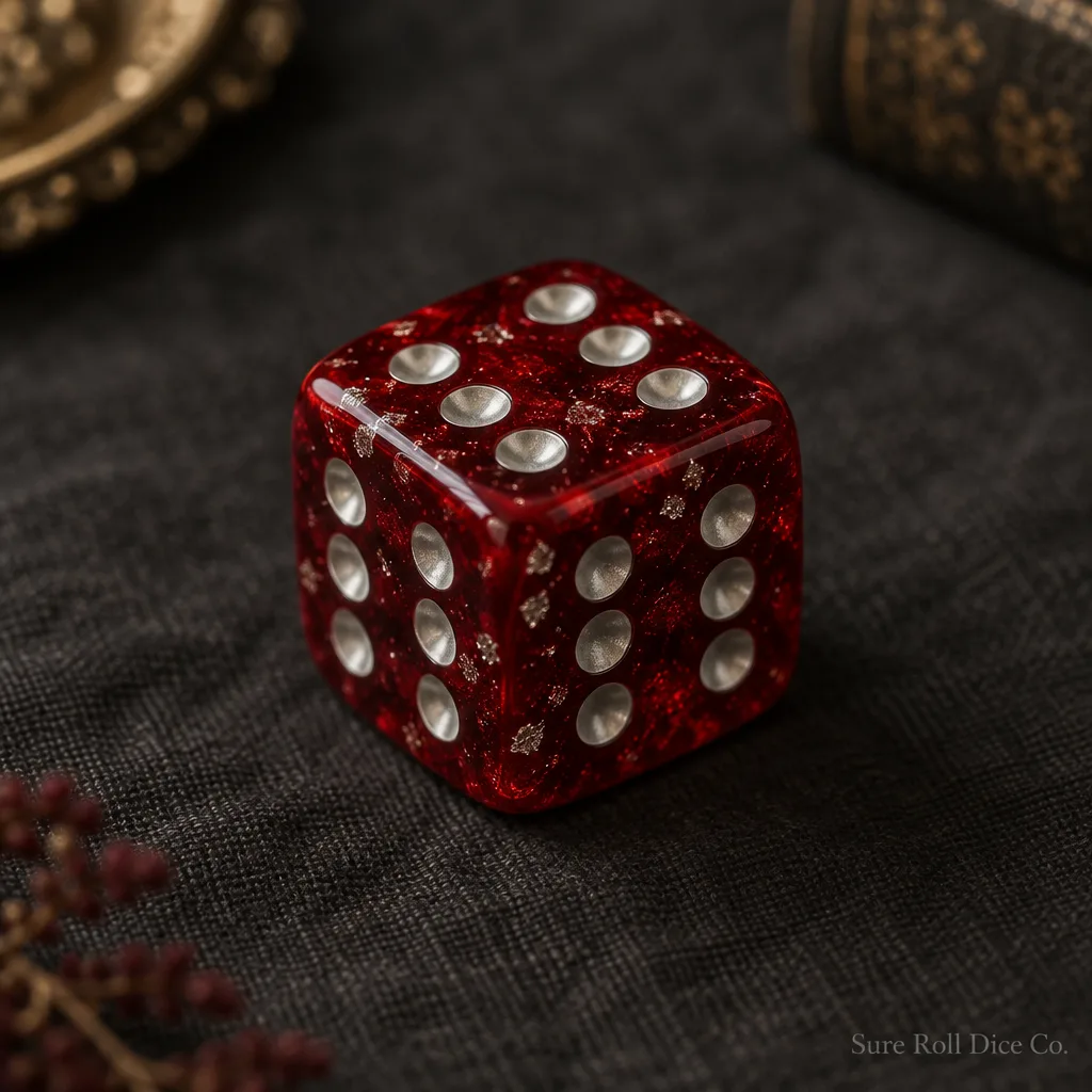 Crimson Six, a red resin die with silver flecks showing six on every face
