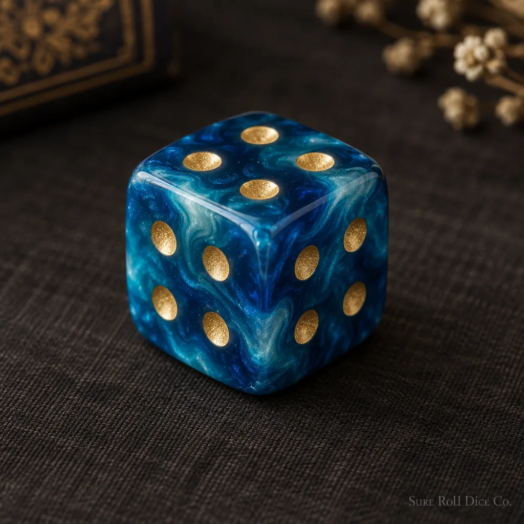 Ocean Four, a swirled blue resin die showing four on every face