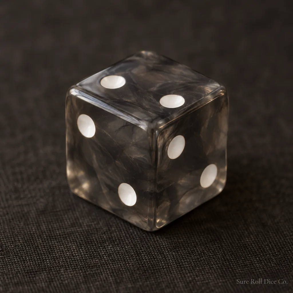 Smoke Two, a translucent grey resin die showing two on every face