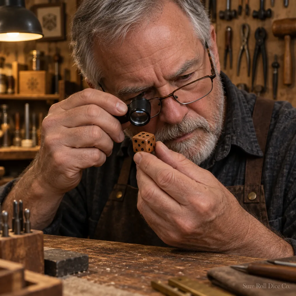 Werner inspecting a die through a jeweler's loupe