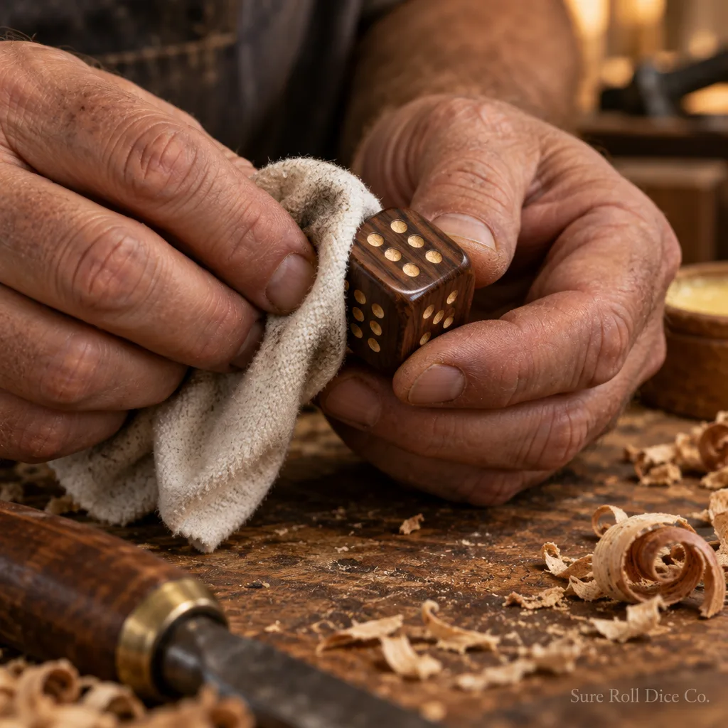 Hands polishing a walnut die at the workbench