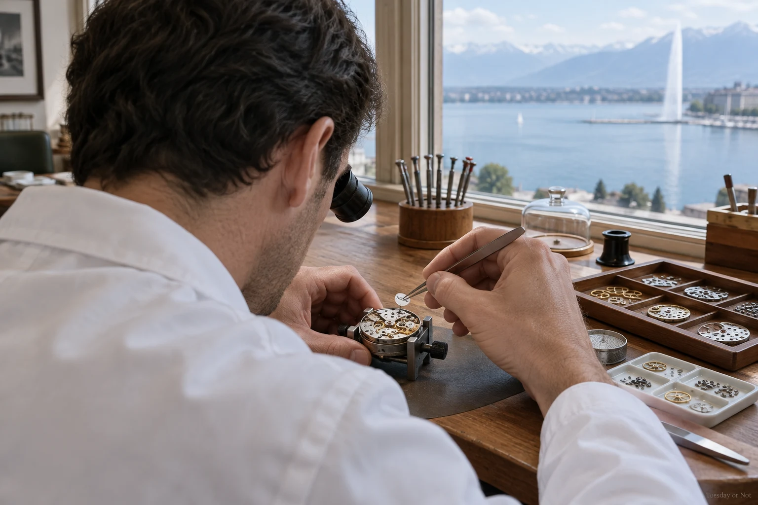 A watchmaker in the Geneva atelier setting a Tuesday disc into a movement.
