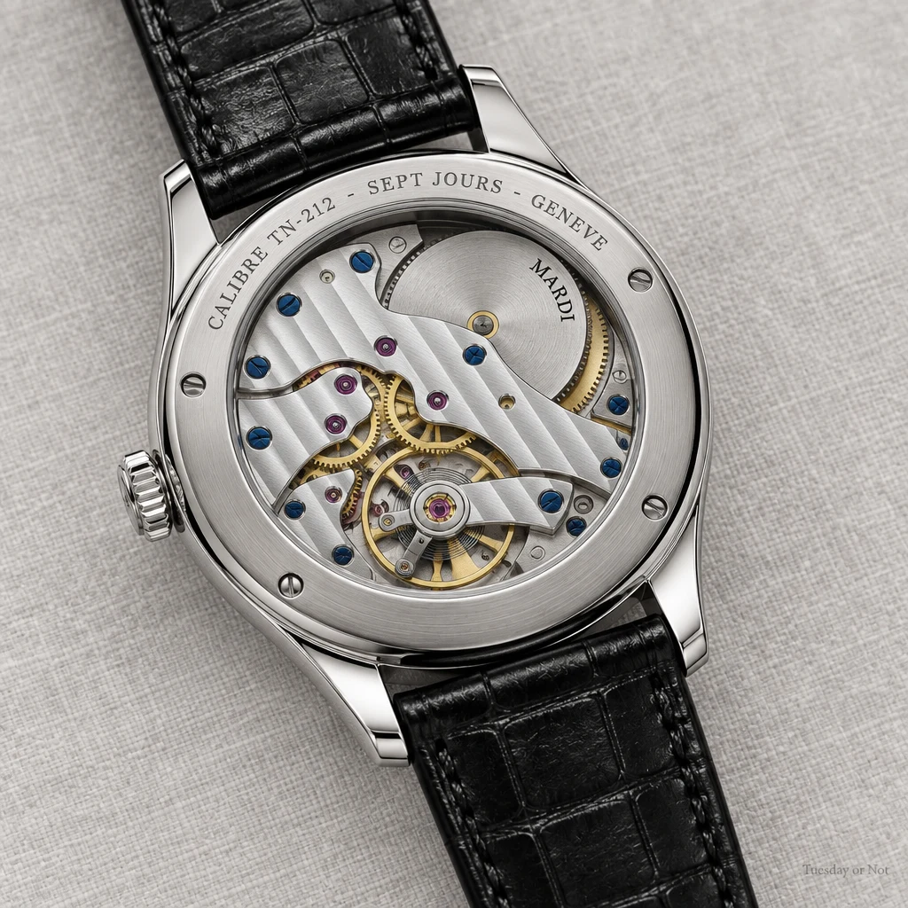 Sapphire exhibition caseback revealing the hand-finished calibre TN-212.