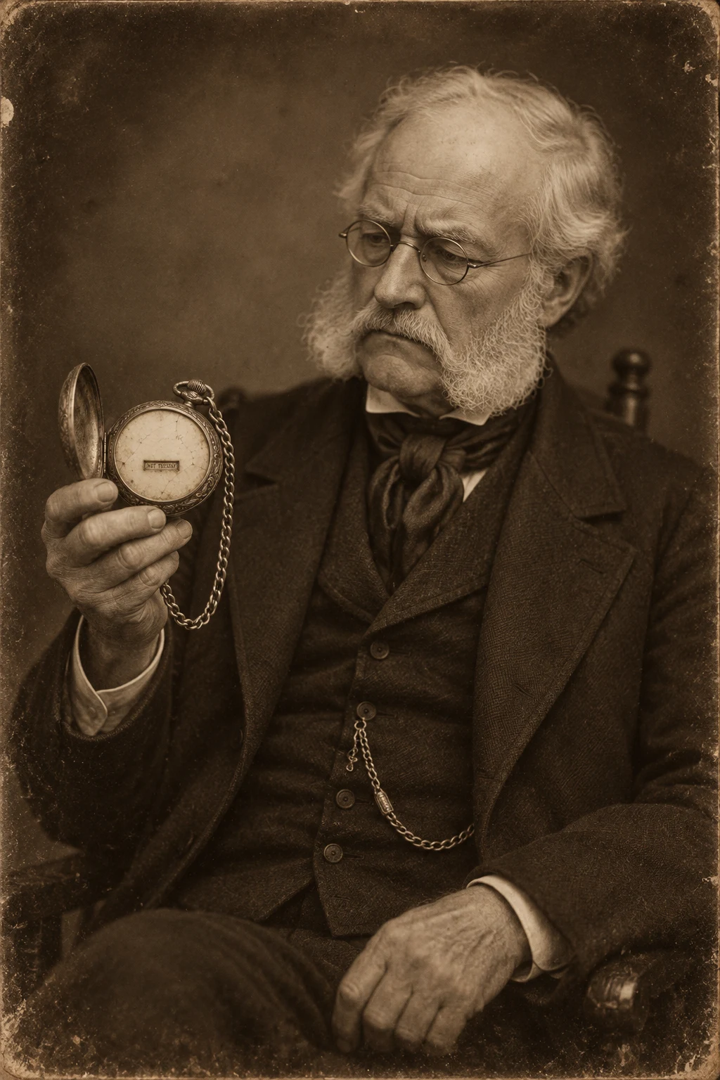 Sepia portrait of founder Aurèle Mardi, seated, regarding his pocket watch.