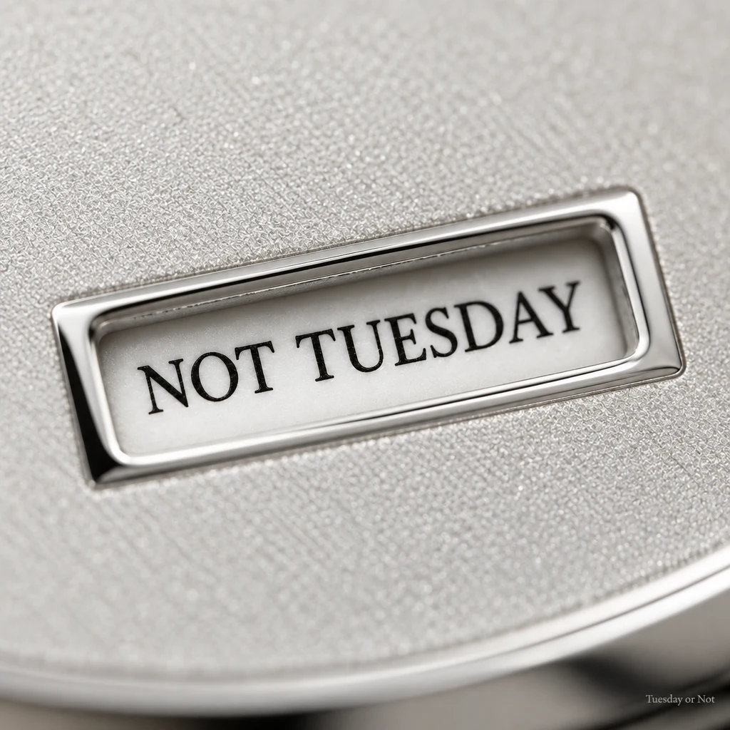 Extreme macro photograph of the dial aperture reading NOT TUESDAY.