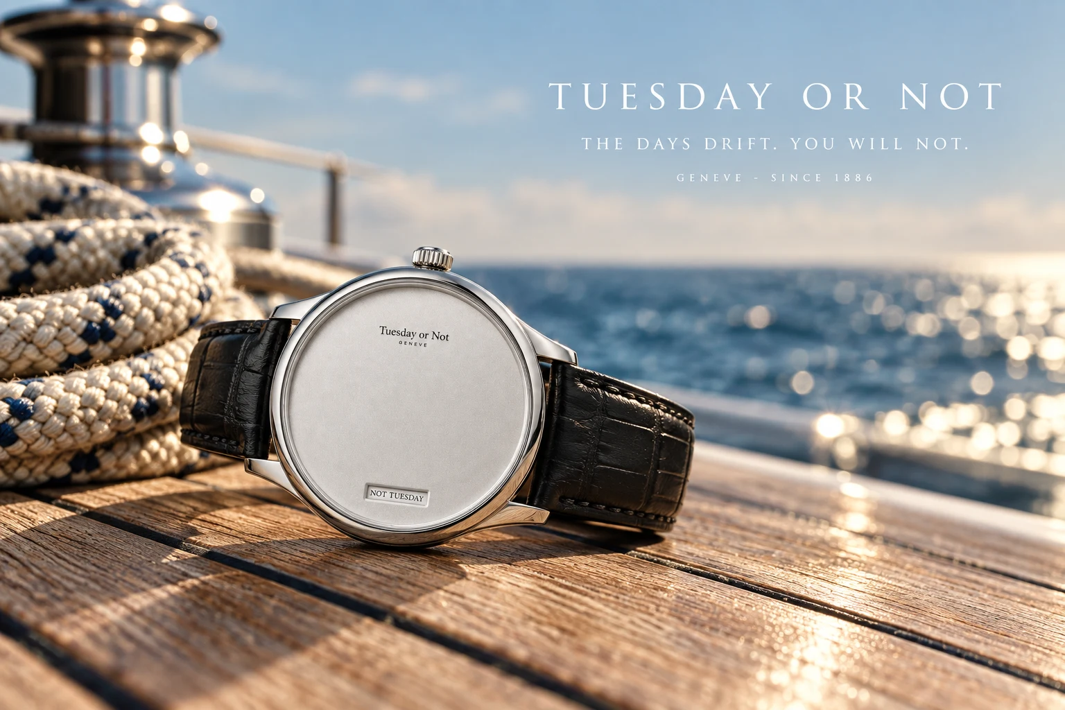 Landscape campaign image: the watch on yacht decking beside the sea, with the tagline The Days Drift, You Will Not.