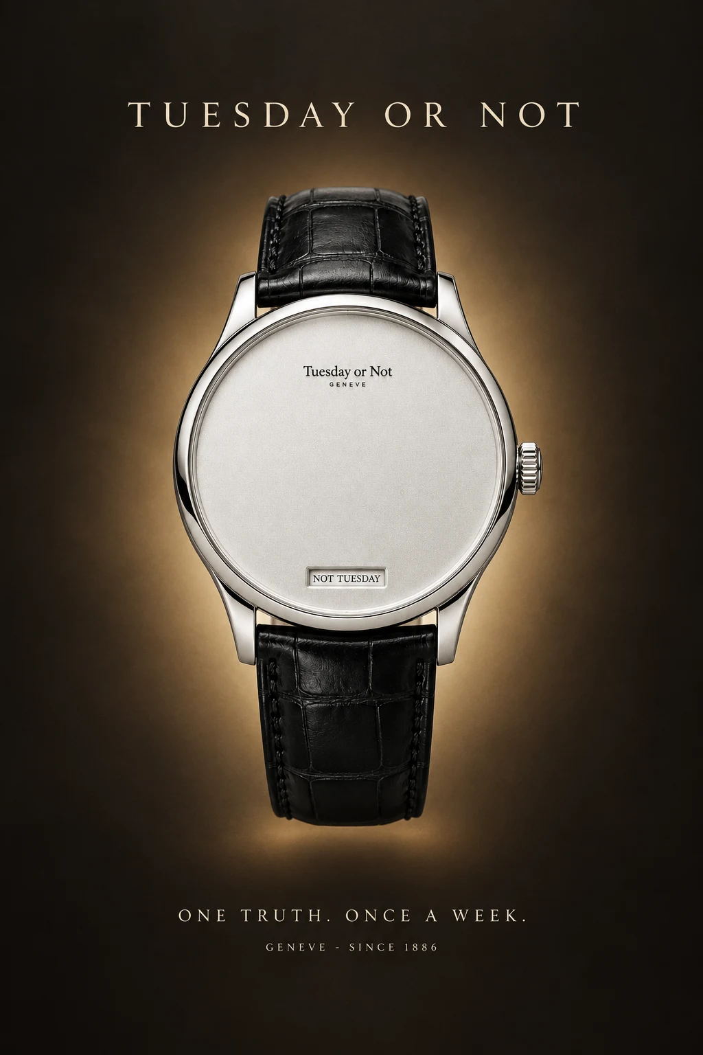 Portrait campaign poster: the watch under a golden spotlight with the tagline One Truth, Once a Week.