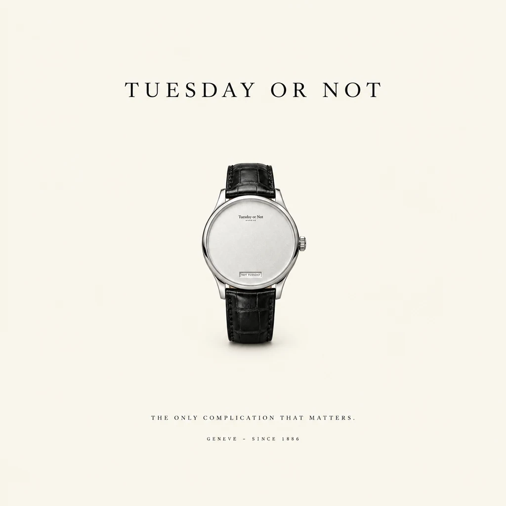 Square campaign poster: the watch centered in vast ivory space with the tagline The Only Complication That Matters.