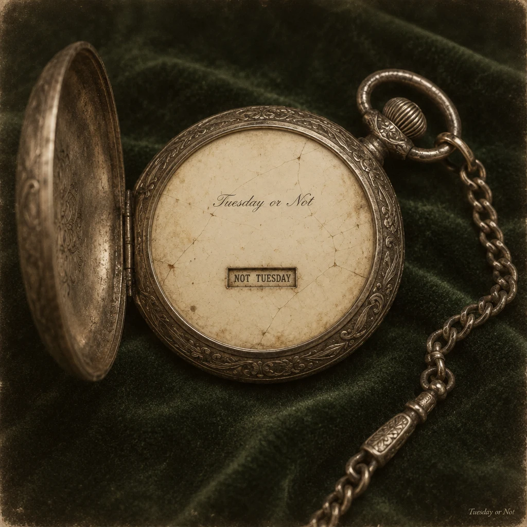 The 1892 pocket watch, dial without hands, aperture reading NOT TUESDAY.