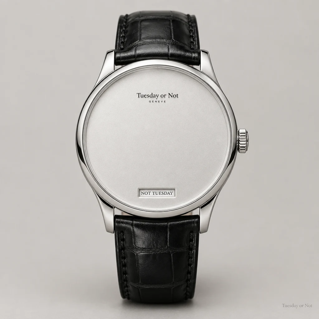 The Tuesday or Not in stainless steel. An empty silver dial with a single aperture reading NOT TUESDAY.