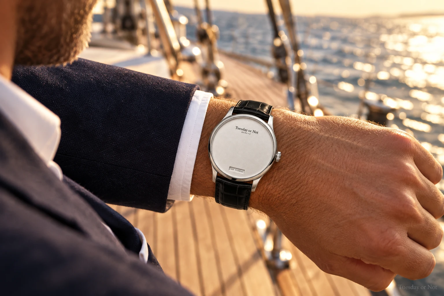 An ambassador aboard a yacht consults his Tuesday or Not.