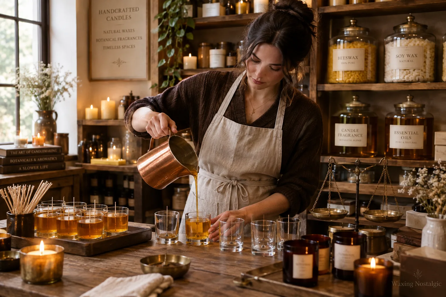 An artisan hand-pouring wax in the Waxing Nostalgic atelier