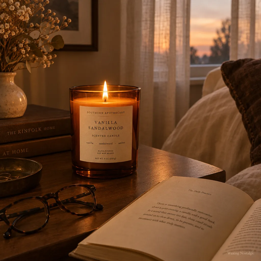 A Waxing Nostalgic candle burning on a nightstand